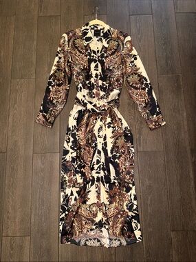 Alex Marie Adriana Long Sleeve Collared Tie Waist Midi Dress